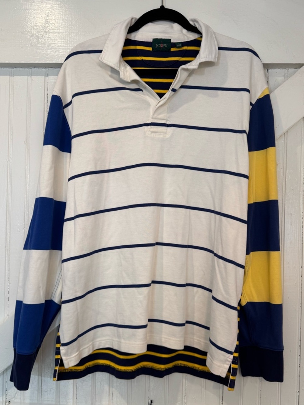 J.Crew Rugby Shirt Men’s Large Striped Navy Yellow Preppy Cotton - Picture 2 of 9